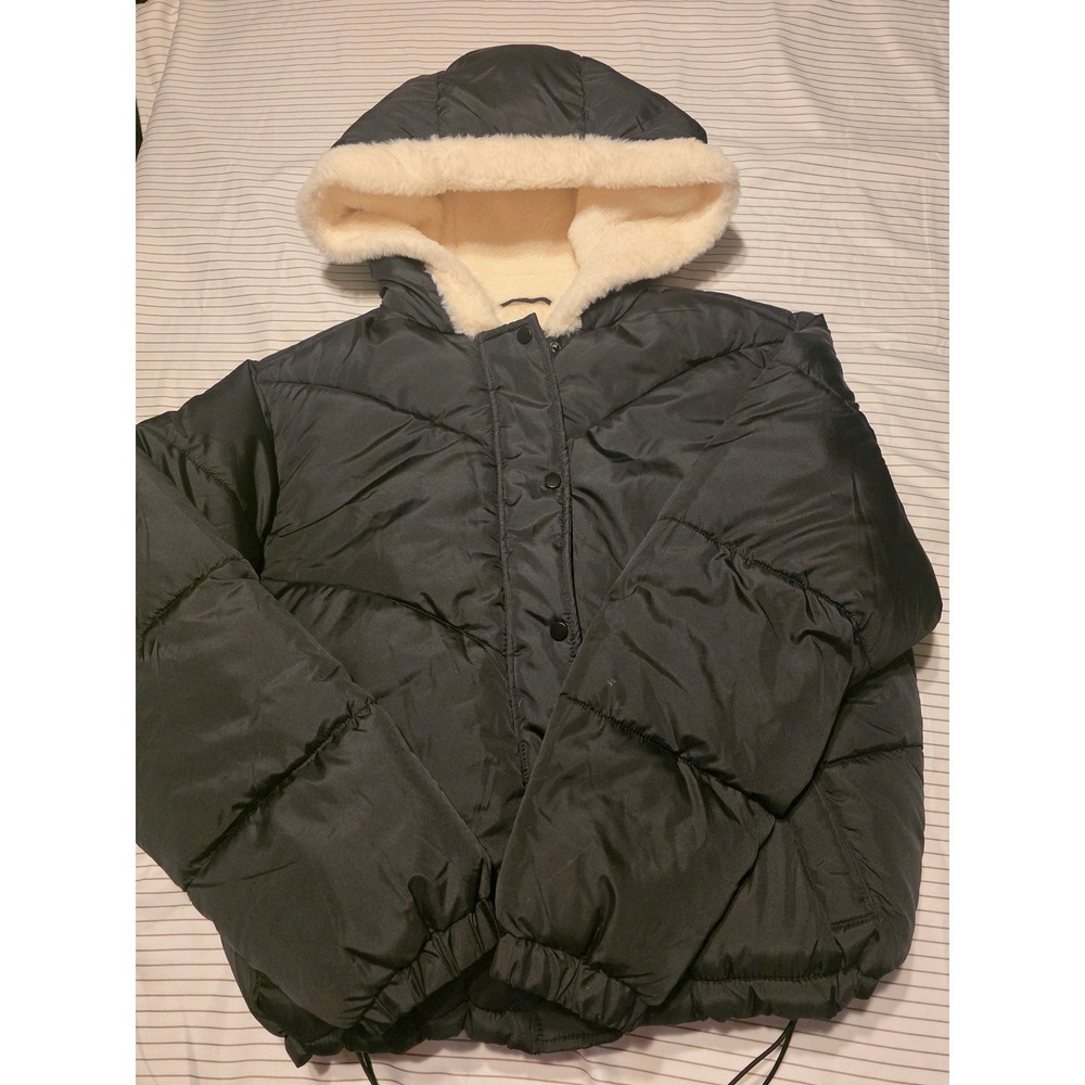 1059 Sebby Black Faux Fur Lined Puffer Jacket Hooded Quilted Coat Womens Large